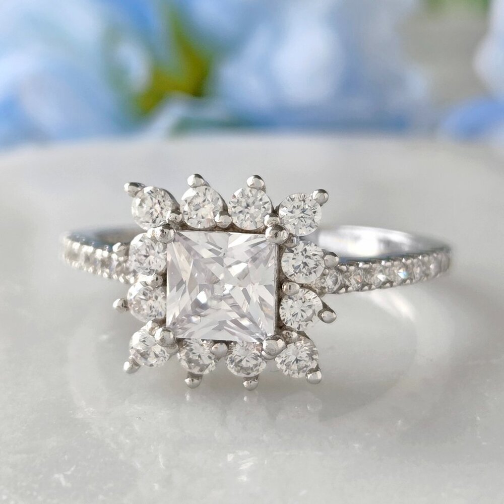 Vintage Princess Cut CZ Ring, 925 Sterling Silver, Engagement Style